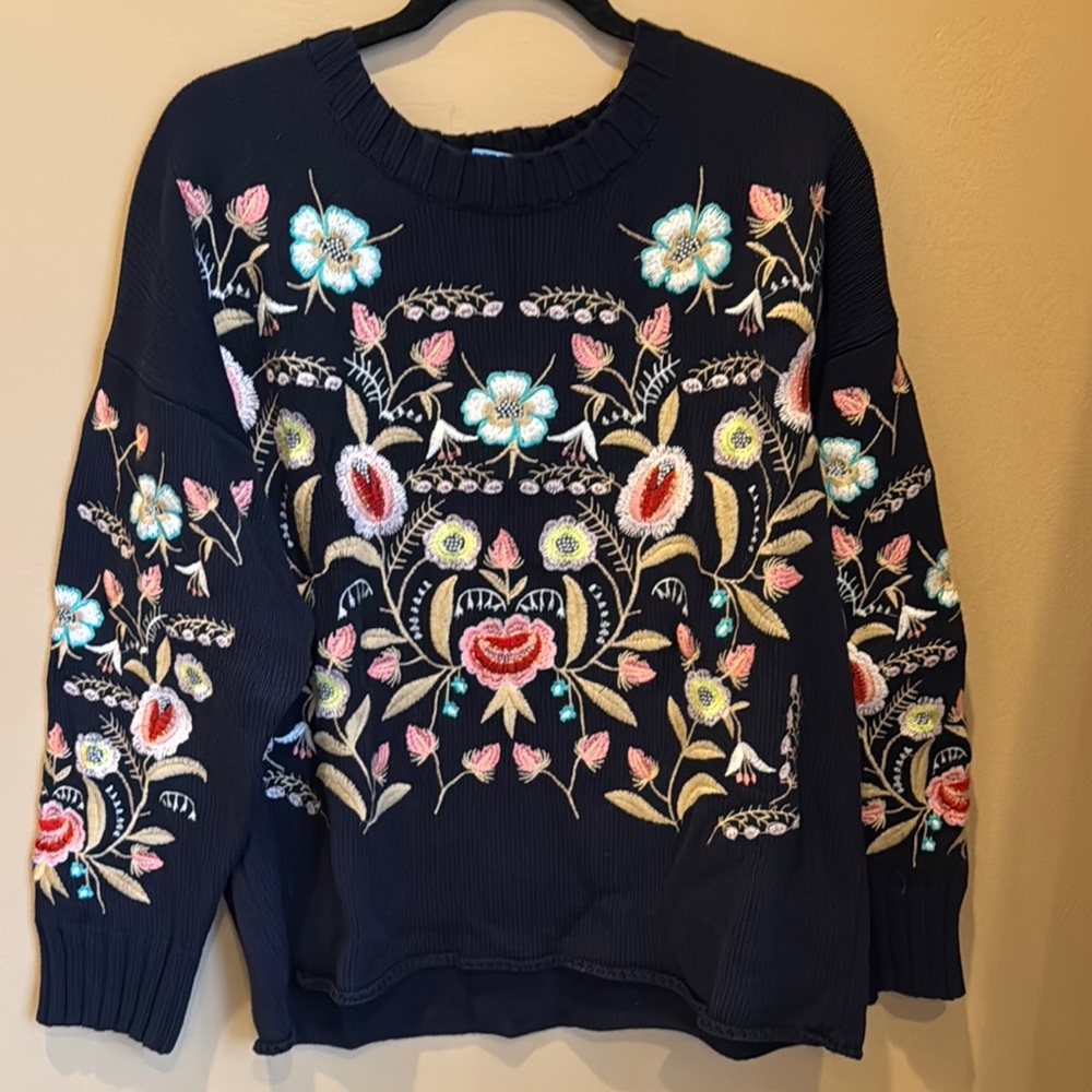 Aratta Blue Crew Neck Sweater with Folk Art Embroidery Large